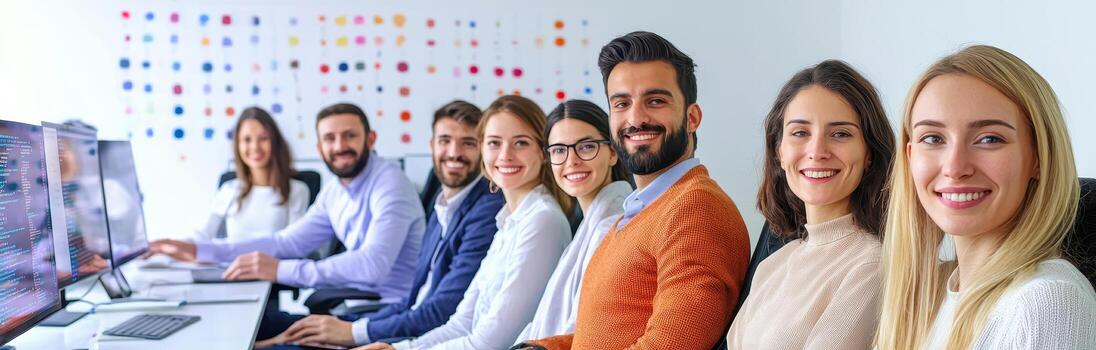 multi cultural equipo concepto, diverso profesionales comprometido en codificación sesión, sonriente juntos foto