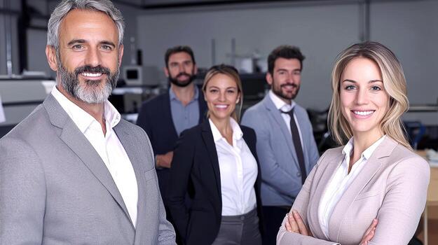 Happy multicultural team members at workshop, smiling together photo