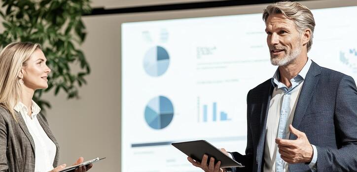 Business presentation with charts showing data analysis discussion photo