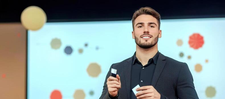 Keynote speaker holding clicker at technology presentation event photo