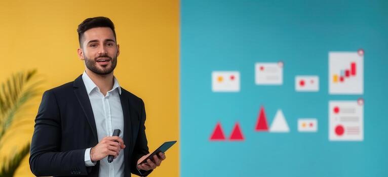 Professional speaker presenting business data at corporate event photo