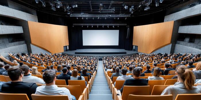 Crowded auditorium audience watching presentation on big screen photo