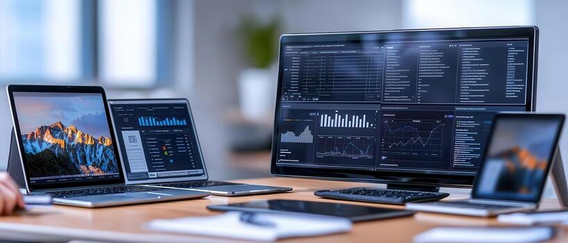 Digital workspace with multiple devices on desk connected photo