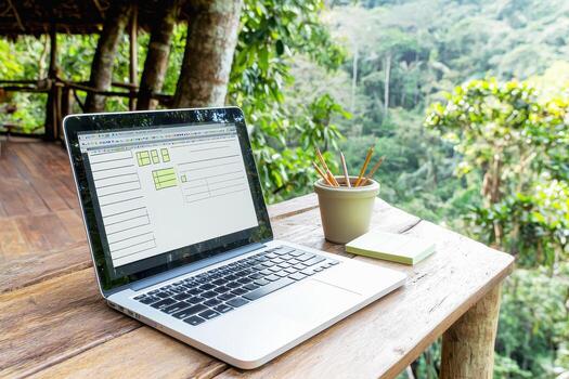 Laptop on wooden table with tropical forest background view photo