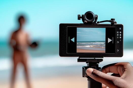 Mobile recording at beach with blurred natural background photo