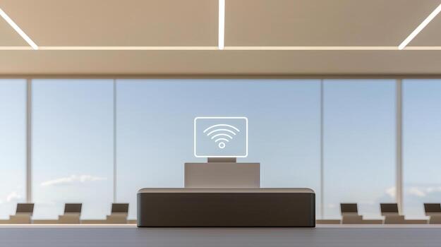 Wireless router with wifi signal icon in modern office space with panoramic window photo