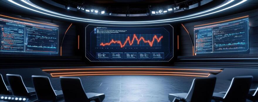 Futuristic conference room with digital screens showing data and charts in dark setting photo