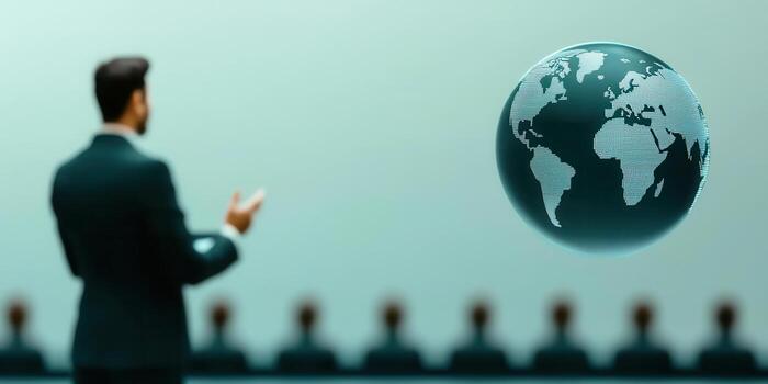 Virtual business keynote with speaker livestreaming global digital world map and audience photo