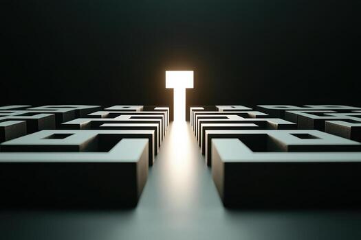 Maze with radiant exit symbolizing life problem solving and hope in darkness photo