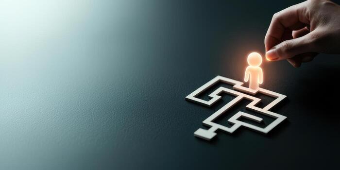 Glowing figure being placed in small maze symbolizing problem solving and guidance photo