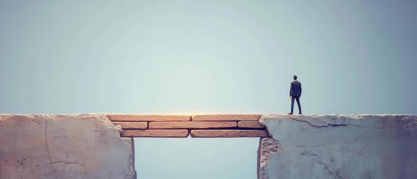 Person in suit stands confidently on narrow bridge connecting two cliffs under clear sky photo