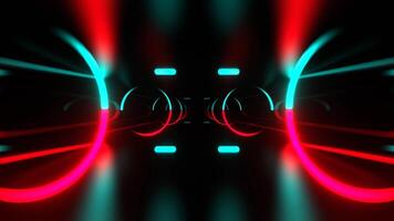 rood en turkoois futuristische bijhouden met neon ringen en pulserend markeringen achtergrond vj lus in 4k video