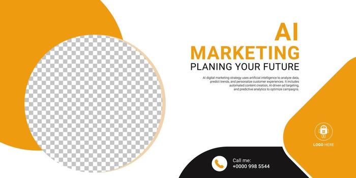 A professional layout in orange, black, and white, featuring a large circular image placeholder, and concise text about AI-driven strategies. Contact details and a logo area vector