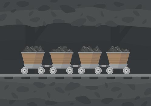 Coal mine with railway track and coal wagons. Coal mining and transportation to the surface. vector