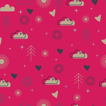 un modelo con corazones, nubes y arboles en un rosado antecedentes vector