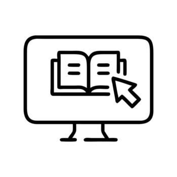 negro contorno de abierto libro en computadora pantalla con ratón puntero presente vector