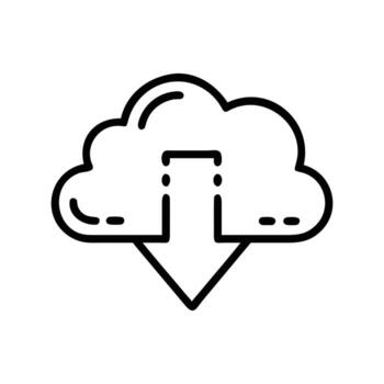 Outlined cloud icon with a downward pointing arrow indicates data downloading on transparent background vector