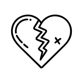 The outlined fractured heart displays zig zag crack with an X shape, transparent background vector