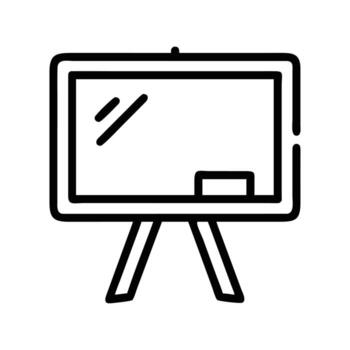 An empty whiteboard is presented on a stand in a simple black outline icon vector