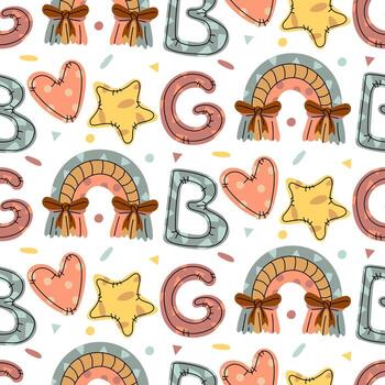 A pattern of soft pillows in different shapes. It features the letters G and B, a rainbow made of fabric, a fluffy star, and a heart. A flat, colorful, seamless texture with doodles. Soft objects vector