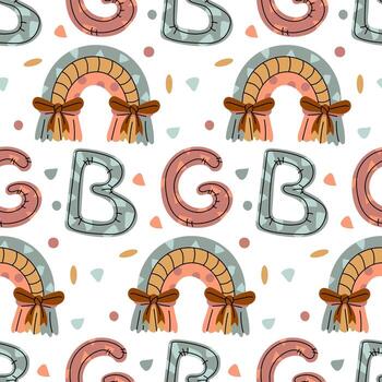 pattern of pillows in different shapes. It features the letters G and B, a rainbow made of fabric, fluffy star, and heart. flat, colorful, seamless texture with doodles. Soft objects. Packaging vector