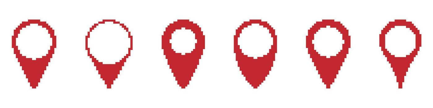 Red Location Pin Pixel Art Icon Set. Geolocation, Navigation, And Map Marker Symbol Collection. Digital Mapping And Gps Interface Design. Isolated Illustration vector