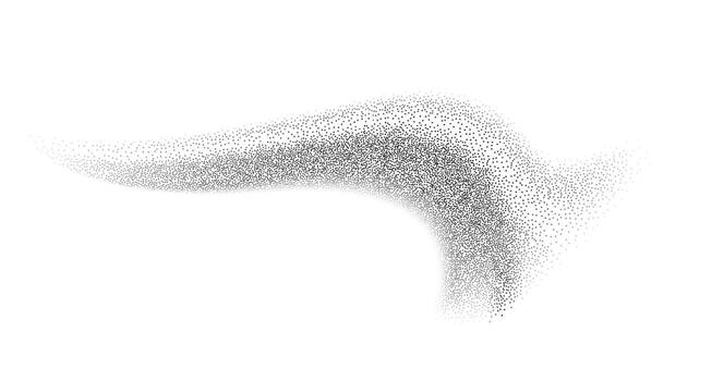 Grain textured wavy shape. Gradient abstract black noise element. Fluid stipple, halftone splatter, dotwork. Isolated on white background. illustration. vector