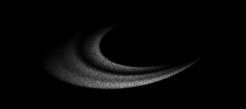 Grain textured wavy shape. Gradient abstract white noise element. Fluid stipple, halftone splatter, dotwork. Isolated on black background. illustration. vector