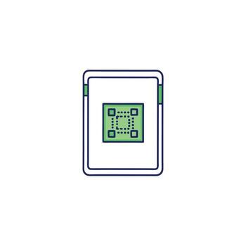Green Q R code tablet screen with blue outline scan scanning vector