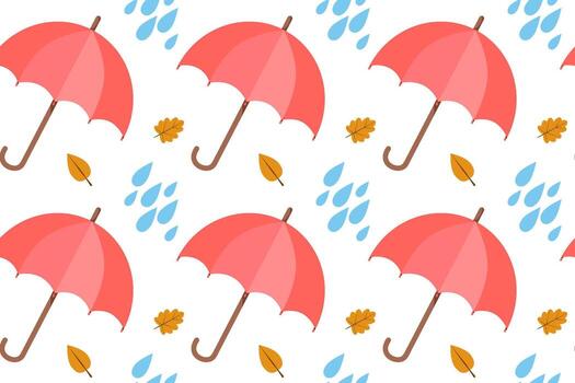 Autumn seamless pattern with red umbrellas with raindrops and falling leaves in trendy design. Fall season illustration in flat style. vector