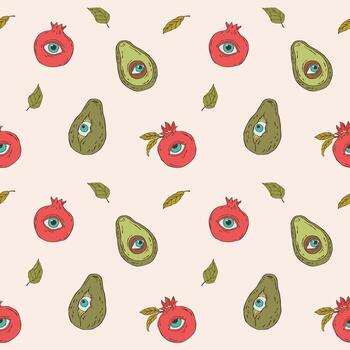 Seamless surreal pattern featuring an avocado with eyes and a pomegranate with eyes. A mystical and imaginative design combining fantasy elements with minimalist line art vector
