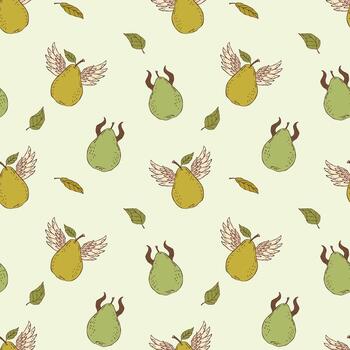 Seamless surreal pattern featuring a pear with horns and wings. A mystical and imaginative design combining fantasy elements with minimalist line art vector