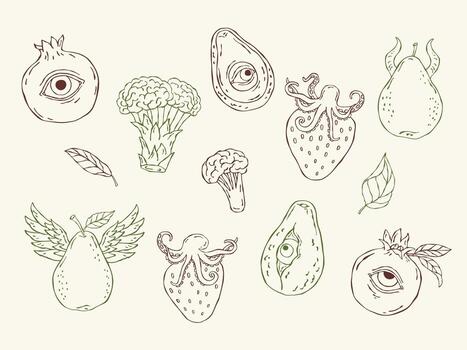Surreal fruit and vegetable illustrations in clean line art style. Minimalist hand-drawn sketch set combining food with fantasy, perfect for patterns, prints, and modern graphic projects vector