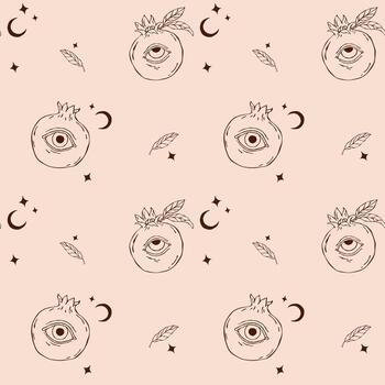 Seamless surreal pattern featuring a pomegranate with eyes combined with esoteric moons and stars. A mystical and imaginative line art design blending fantasy and cosmic elements vector