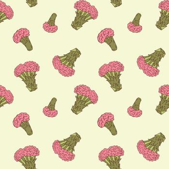 Seamless surreal pattern featuring broccoli with a brain. A quirky and imaginative design combining food and fantasy in minimalist line art style vector
