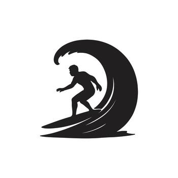 Silhouette of surfer riding a large wave with dynamic motion on white background vector