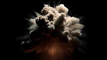Vertical dirt explosion with dense dynamic smoke and dust particles bursting and spreading dramatically against black cloud background creating video