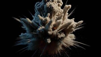 dynamisk smuts explosion med skarp hög detalj damm och rök moln spricker intensivt i mörk bakgrund med kraftfull vertikal brista av eldig ljus video