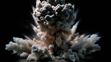 dramatisk vertikal explosion med tjock rök och damm moln spricker utåt kraftfull tvinga och energi skapande dynamisk intensiv brista och rörelse video