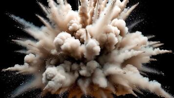 radiell damm explosion med tät torr rök och partiklar spricker utåt dynamisk moln skapande dramatisk kraftfull visuell påverkan svart bakgrund video