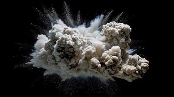 tät radiell damm explosion med tjock grå rök moln och partiklar spridning dynamiskt svart bakgrund skapande dramatisk kraftfull visuell effekt video