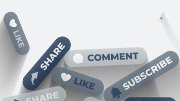 social media knappar animation. flygande tycka om dela med sig prenumerera kommentar ikoner. dynamisk 3d ui element i rörelse. engagemang begrepp för webb, mobil, innehåll befordran, och gränssnitt design. video