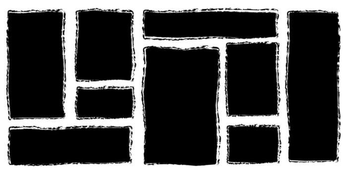 Rectangular shapes, text boxes. Hand drawn grunge textured text boxes set. Set of black doodle rectangular grunge shapes with rough edges. vector