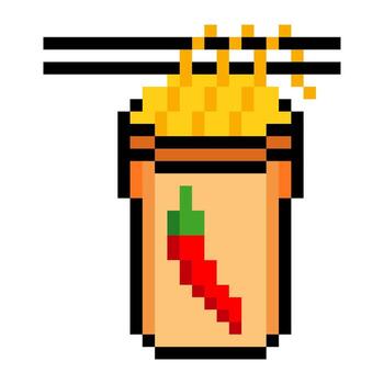 Instant noodles in a cup with chopsticks in pixel art isolated on a white background vector