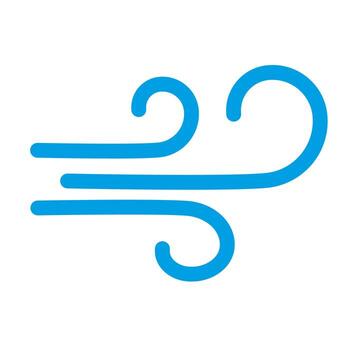 Simple blue wind icon with curved lines representing movement and airflow vector