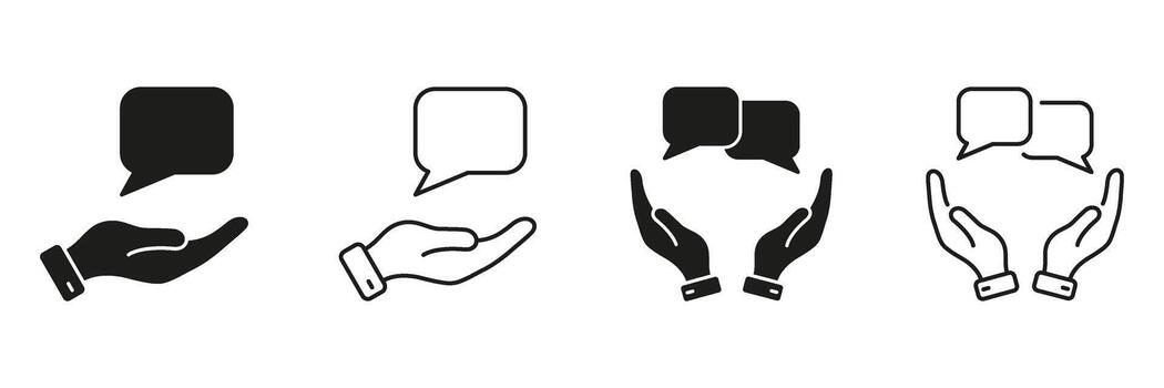 Hand Holding Speech Bubble Line And Solid Icon Set. Communication, Support, And Customer Service Symbol Collection. Interaction And Dialogue. Isolated Illustration vector