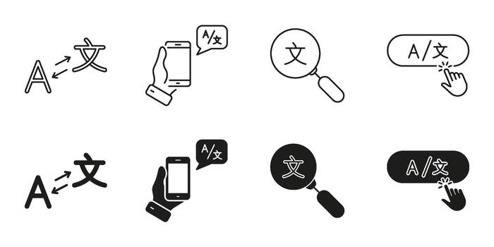 Language Translation And Communication Line And Solid Icon Set. Multilingual Text Conversion And Interpretation Symbol Collection. Mobile And Digital Language Tools. Isolated Illustration vector