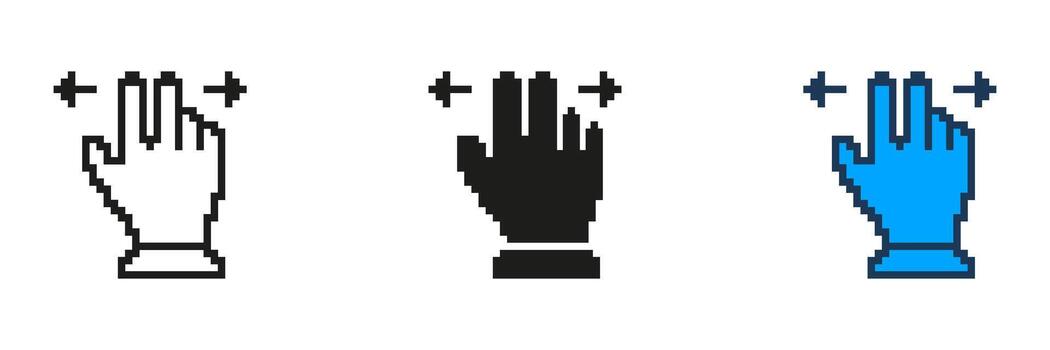 Pixelated Hand Cursor Icon Set with Arrows to Left and Right, Zoom Symbol. Pointer Symbol in Pixel Art Style. Isolated Illustration vector