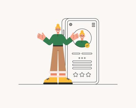 Flat style illustration of a smiling character with smartphone. Representing personal branding, online identity, and professional profile management. Business profile management concept. vector