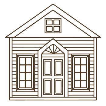 Classic house outline with detailed windows and front door, symmetrical architecture, minimalistic brown lines vector